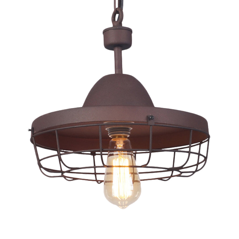 Rust 1 Light Pendant Lighting Antiqued Metal Barn Shade Suspension Lamp with Cage Clearhalo 'Art Deco Pendants' 'Cast Iron' 'Ceiling Lights' 'Ceramic' 'Crystal' 'Industrial Pendants' 'Industrial' 'Metal' 'Middle Century Pendants' 'Pendant Lights' 'Pendants' 'Tiffany' Lighting' 603506