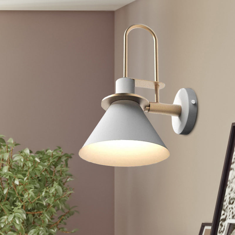 1-Light Sconce Light Fixture Antiqued Cone Metal Wall Mount in White/Black/Green with Handle for Bedside Clearhalo 'Art deco wall lights' 'Cast Iron' 'Glass' 'Industrial wall lights' 'Industrial' 'Middle century wall lights' 'Modern' 'Rustic wall lights' 'Tiffany' 'Traditional wall lights' 'Wall Lamps & Sconces' 'Wall Lights' Lighting' 603592