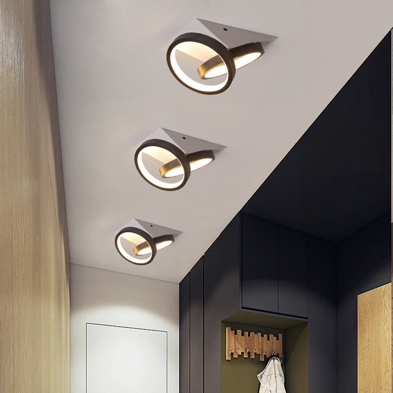 Black Double Ring Flush Light Fixture Simple LED Acrylic Flush-Mount Ceiling Lamp with White Triangle Canopy, Warm/White Light Black Clearhalo 'Ceiling Lights' 'Close To Ceiling Lights' 'Close to ceiling' 'Flush mount' Lighting' 603659
