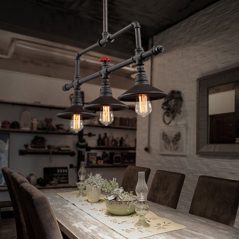 3/5 Heads Hanging Island Light Industrial Style Cone Shade Metallic Pendant Lighting with Red Valve in Rust Clearhalo 'Ceiling Lights' 'Island Lights' Lighting' 603835