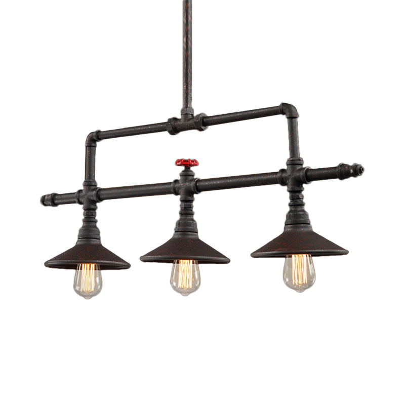 3/5 Heads Hanging Island Light Industrial Style Cone Shade Metallic Pendant Lighting with Red Valve in Rust 3 Rust Clearhalo 'Ceiling Lights' 'Island Lights' Lighting' 603837