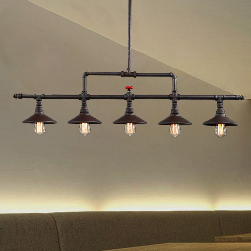 3/5 Heads Hanging Island Light Industrial Style Cone Shade Metallic Pendant Lighting with Red Valve in Rust Clearhalo 'Ceiling Lights' 'Island Lights' Lighting' 603839