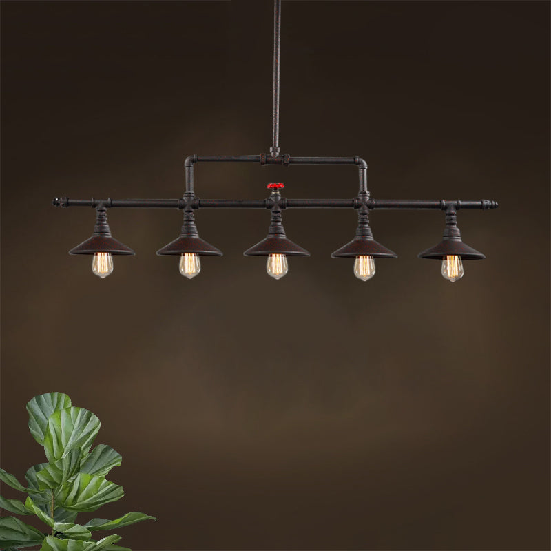 3/5 Heads Hanging Island Light Industrial Style Cone Shade Metallic Pendant Lighting with Red Valve in Rust Clearhalo 'Ceiling Lights' 'Island Lights' Lighting' 603840