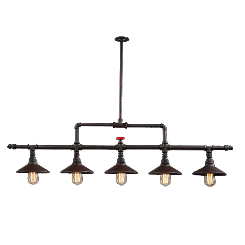 3/5 Heads Hanging Island Light Industrial Style Cone Shade Metallic Pendant Lighting with Red Valve in Rust 5 Rust Clearhalo 'Ceiling Lights' 'Island Lights' Lighting' 603842