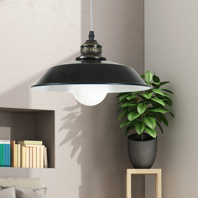 Loft Stylish Barn Lampshade Suspension Light 1 Light Metallic Ceiling Pendant Light in Black, 10"/14" Diameter Black Clearhalo 'Art Deco Pendants' 'Black' 'Cast Iron' 'Ceiling Lights' 'Ceramic' 'Crystal' 'Industrial Pendants' 'Industrial' 'Metal' 'Middle Century Pendants' 'Pendant Lights' 'Pendants' 'Rustic Pendants' 'Tiffany' Lighting' 60494