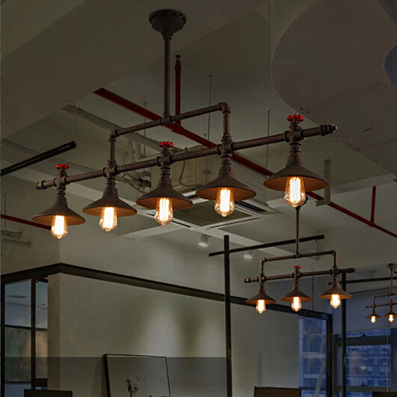 3/5 Lights Conical Pendant Lighting Industrial Style Rust Wrought Iron Island Light Fixture for Restaurant 5 Rust Clearhalo 'Ceiling Lights' 'Island Lights' Lighting' 605604