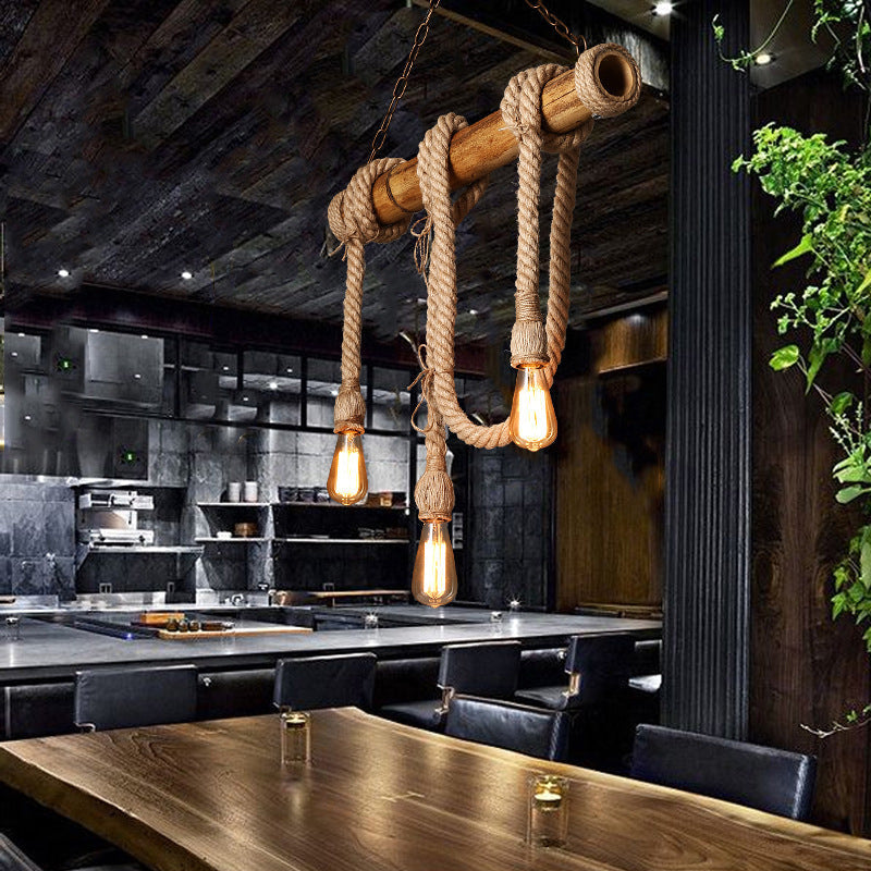 3/4 Lights Open Bulb Island Light Lodge Industrial Beige Adjustable Rope Ceiling Light with Bamboo Clearhalo 'Ceiling Lights' 'Island Lights' Lighting' 605610