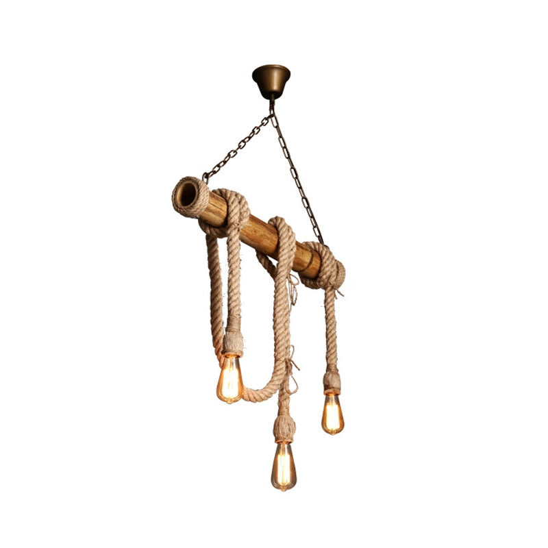 3/4 Lights Open Bulb Island Light Lodge Industrial Beige Adjustable Rope Ceiling Light with Bamboo Clearhalo 'Ceiling Lights' 'Island Lights' Lighting' 605612