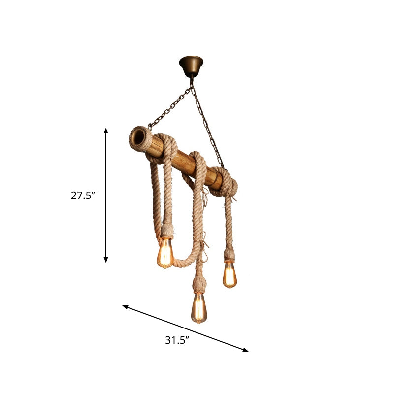3/4 Lights Open Bulb Island Light Lodge Industrial Beige Adjustable Rope Ceiling Light with Bamboo Clearhalo 'Ceiling Lights' 'Island Lights' Lighting' 605613