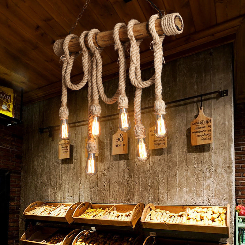 3/4 Lights Open Bulb Island Light Lodge Industrial Beige Adjustable Rope Ceiling Light with Bamboo Clearhalo 'Ceiling Lights' 'Island Lights' Lighting' 605616