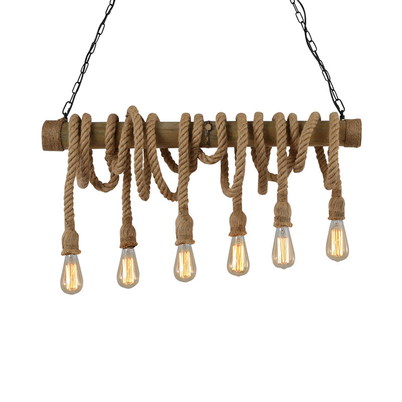 3/4 Lights Open Bulb Island Light Lodge Industrial Beige Adjustable Rope Ceiling Light with Bamboo Clearhalo 'Ceiling Lights' 'Island Lights' Lighting' 605617