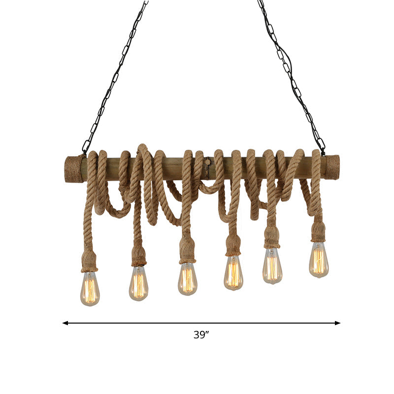 3/4 Lights Open Bulb Island Light Lodge Industrial Beige Adjustable Rope Ceiling Light with Bamboo Clearhalo 'Ceiling Lights' 'Island Lights' Lighting' 605618