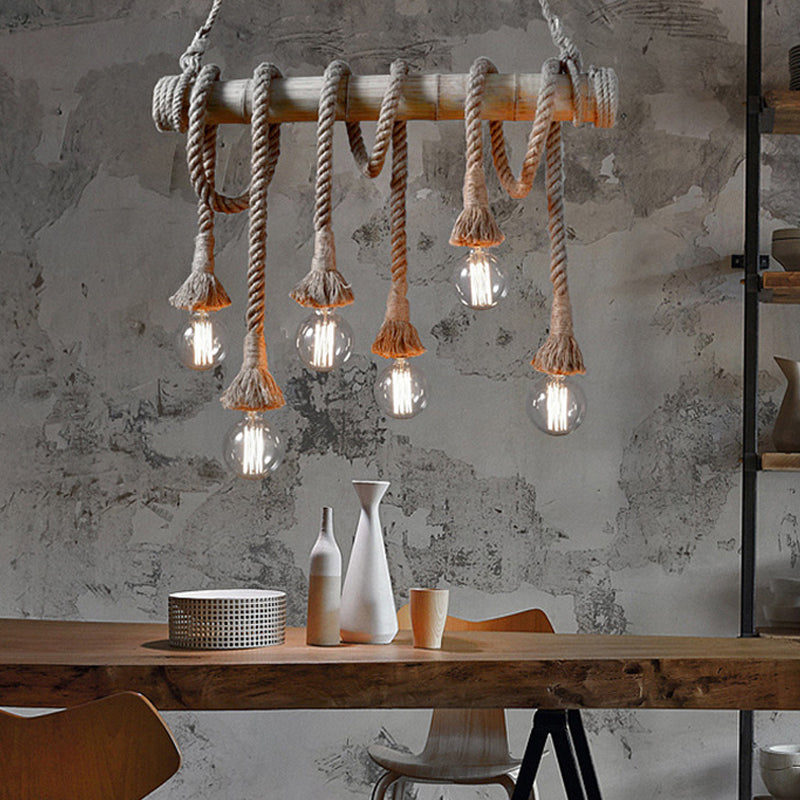 3/4 Lights Open Bulb Island Light Lodge Industrial Beige Adjustable Rope Ceiling Light with Bamboo Clearhalo 'Ceiling Lights' 'Island Lights' Lighting' 605620