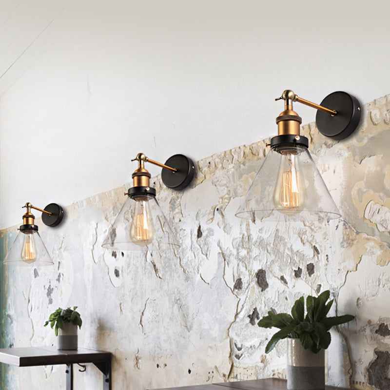Clear Glass Black/Copper/Antique Brass Sconce Light Tapered 1-Light Industrial Wall Lamp Fixture for Living Room Brass Clearhalo 'Art deco wall lights' 'Cast Iron' 'Glass' 'Industrial wall lights' 'Industrial' 'Middle century wall lights' 'Modern' 'Rustic wall lights' 'Tiffany' 'Traditional wall lights' 'Wall Lamps & Sconces' 'Wall Lights' Lighting' 605639