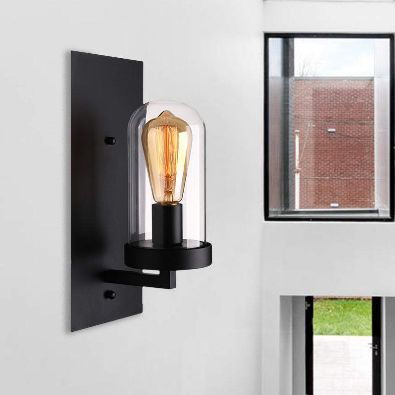 One Bulb Wall Light with Pill Capsule Shade Clear Glass Industrial Living Room Sconce Lighting Fixture in Black Black Clearhalo 'Cast Iron' 'Glass' 'Industrial wall lights' 'Industrial' 'Middle century wall lights' 'Modern' 'Tiffany' 'Traditional wall lights' 'Wall Lamps & Sconces' 'Wall Lights' Lighting' 605716