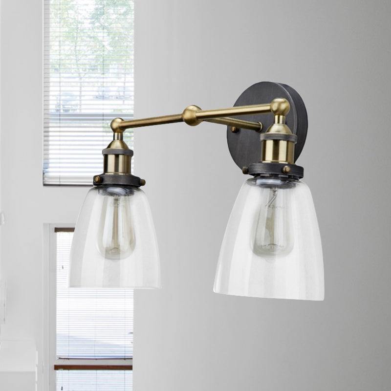 2 Lights Tapered Sconce Light Fixture Industrial Antique Brass Clear Glass Wall Lamp Antique Brass Clearhalo 'Cast Iron' 'Glass' 'Industrial wall lights' 'Industrial' 'Middle century wall lights' 'Modern' 'Tiffany' 'Traditional wall lights' 'Wall Lamps & Sconces' 'Wall Lights' Lighting' 605721