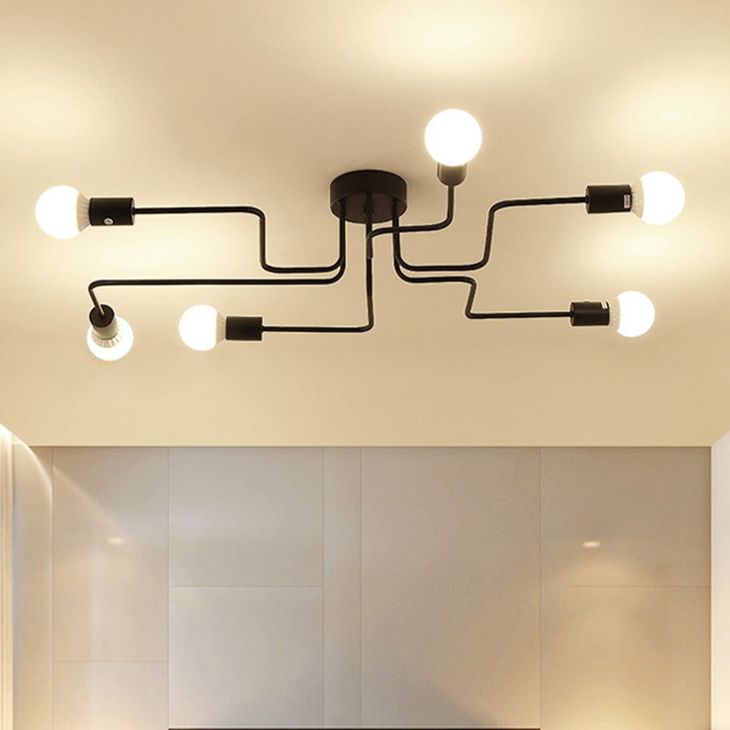 Loft Industrial Exposed Semi Flush Light Fixture 4/6-Head Metallic Ceiling Light Fixture in Black/White for Living Room 6 Black Clearhalo 'Ceiling Lights' 'Close To Ceiling Lights' 'Close to ceiling' 'Semi-flushmount' Lighting' 605751