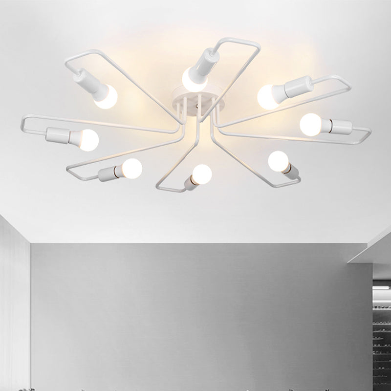 Loft Industrial Exposed Semi Flush Light Fixture 4/6-Head Metallic Ceiling Light Fixture in Black/White for Living Room 8 White Clearhalo 'Ceiling Lights' 'Close To Ceiling Lights' 'Close to ceiling' 'Semi-flushmount' Lighting' 605769