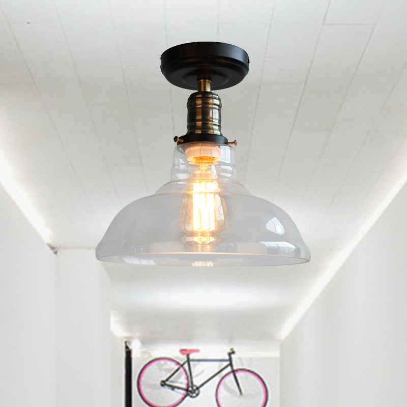 Black One Light Ceiling Lighting Industrial Clear Glass Barn Shade Semi Flush Light Clearhalo 'Ceiling Lights' 'Close To Ceiling Lights' 'Close to ceiling' 'Glass shade' 'Glass' 'Semi-flushmount' Lighting' 605779