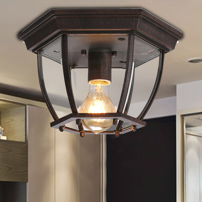 Bronze One Light Ceiling Mount Retro Style Clear Glass Geometric Flush Fixture with Cage Bronze Clearhalo 'Ceiling Lights' 'Close To Ceiling Lights' 'Close to ceiling' 'Glass shade' 'Glass' 'Semi-flushmount' Lighting' 605807