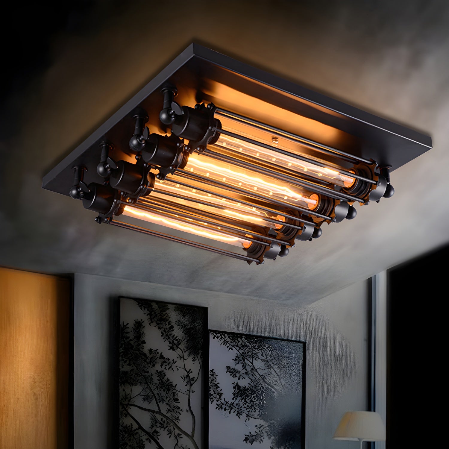 Metal Tubed Cage Flush Mount Ceiling Light Farmhouse Style 4-Head Indoor Ceiling Lighting in Black Clearhalo 'Ceiling Lights' 'Close To Ceiling Lights' 'Close to ceiling' 'Semi-flushmount' Lighting' 605926