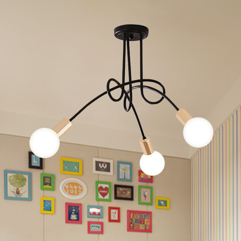 Black/Gold Twisted Semi Flush Mount Lighting with Open Bulb Industrial Metal 3/5/6-Light Kitchen Ceiling Light 3 Black Clearhalo 'Ceiling Lights' 'Close To Ceiling Lights' 'Close to ceiling' 'Semi-flushmount' Lighting' 606038