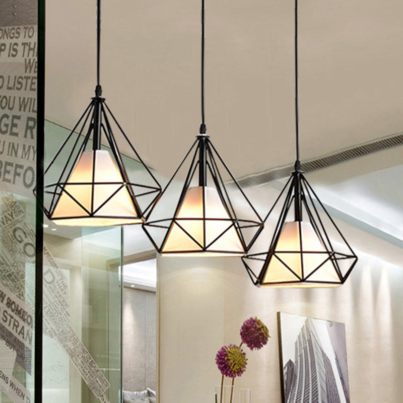 3 Heads Hanging Pendant Light with Diamond Cage Shade Metal Industrial Dining Room Ceiling Lamp in Black Black Linear Canopy Clearhalo 'Art Deco Pendants' 'Black' 'Cast Iron' 'Ceiling Lights' 'Ceramic' 'Crystal' 'Industrial Pendants' 'Industrial' 'Metal' 'Middle Century Pendants' 'Pendant Lights' 'Pendants' 'Rustic Pendants' 'Tiffany' Lighting' 612624