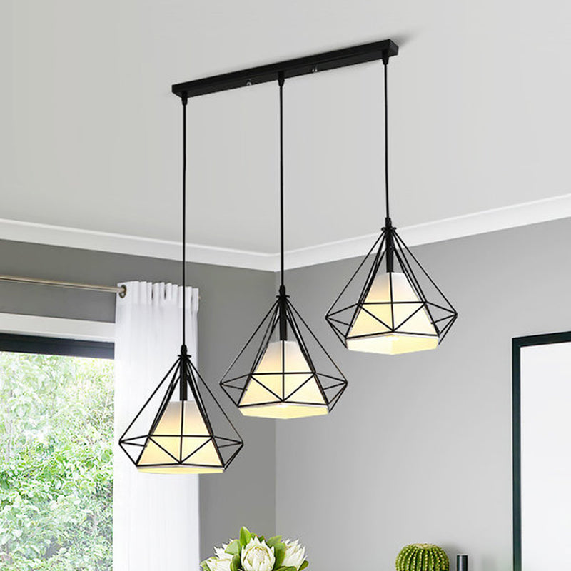 3 Heads Hanging Pendant Light with Diamond Cage Shade Metal Industrial Dining Room Ceiling Lamp in Black Clearhalo 'Art Deco Pendants' 'Black' 'Cast Iron' 'Ceiling Lights' 'Ceramic' 'Crystal' 'Industrial Pendants' 'Industrial' 'Metal' 'Middle Century Pendants' 'Pendant Lights' 'Pendants' 'Rustic Pendants' 'Tiffany' Lighting' 612625