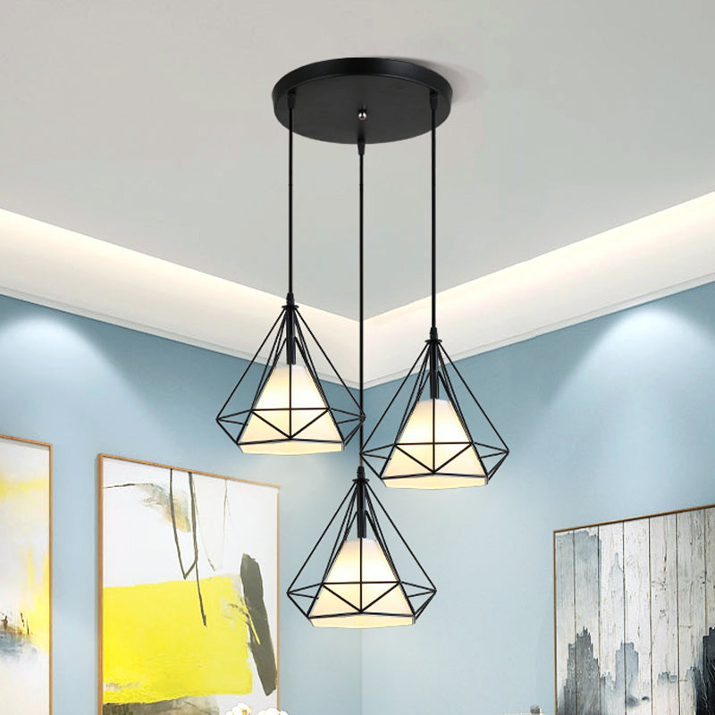 3 Heads Hanging Pendant Light with Diamond Cage Shade Metal Industrial Dining Room Ceiling Lamp in Black Black Round Canopy Clearhalo 'Art Deco Pendants' 'Black' 'Cast Iron' 'Ceiling Lights' 'Ceramic' 'Crystal' 'Industrial Pendants' 'Industrial' 'Metal' 'Middle Century Pendants' 'Pendant Lights' 'Pendants' 'Rustic Pendants' 'Tiffany' Lighting' 612629