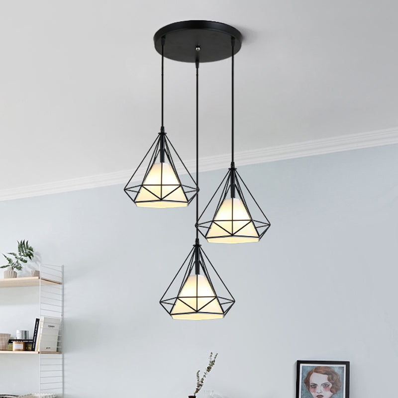3 Heads Hanging Pendant Light with Diamond Cage Shade Metal Industrial Dining Room Ceiling Lamp in Black Clearhalo 'Art Deco Pendants' 'Black' 'Cast Iron' 'Ceiling Lights' 'Ceramic' 'Crystal' 'Industrial Pendants' 'Industrial' 'Metal' 'Middle Century Pendants' 'Pendant Lights' 'Pendants' 'Rustic Pendants' 'Tiffany' Lighting' 612630