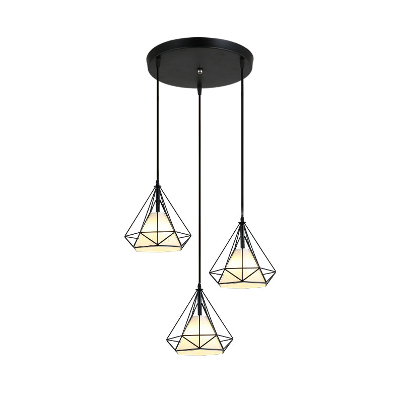 3 Heads Hanging Pendant Light with Diamond Cage Shade Metal Industrial Dining Room Ceiling Lamp in Black Clearhalo 'Art Deco Pendants' 'Black' 'Cast Iron' 'Ceiling Lights' 'Ceramic' 'Crystal' 'Industrial Pendants' 'Industrial' 'Metal' 'Middle Century Pendants' 'Pendant Lights' 'Pendants' 'Rustic Pendants' 'Tiffany' Lighting' 612632