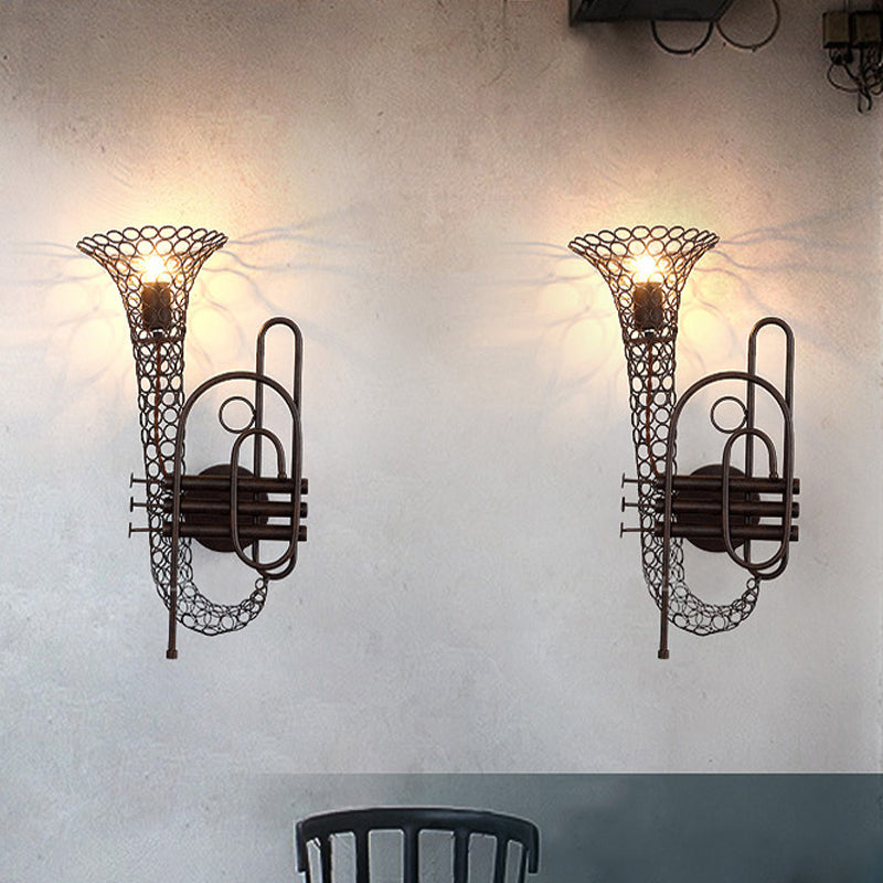 1 Light Saxophone Wall Sconce Lighting with Mesh Shade Vintage Black/Brass Iron Wall Mount Lamp for Bedroom Clearhalo 'Art deco wall lights' 'Cast Iron' 'Glass' 'Industrial wall lights' 'Industrial' 'Middle century wall lights' 'Modern' 'Rustic wall lights' 'Tiffany' 'Traditional wall lights' 'Wall Lamps & Sconces' 'Wall Lights' Lighting' 612776