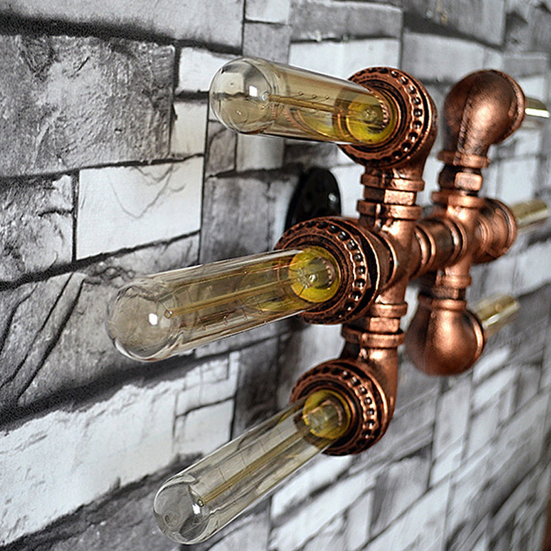2/3/4 Heads Expose Bulb Wall Lighting with Pipe Design Rustic Weathered Copper Wrought Iron Wall Sconce Lamp Clearhalo 'Art deco wall lights' 'Cast Iron' 'Glass' 'Industrial wall lights' 'Industrial' 'Middle century wall lights' 'Modern' 'Rustic wall lights' 'Tiffany' 'Traditional wall lights' 'Wall Lamps & Sconces' 'Wall Lights' Lighting' 612815