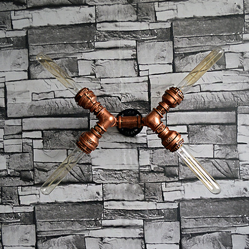 2/3/4 Heads Expose Bulb Wall Lighting with Pipe Design Rustic Weathered Copper Wrought Iron Wall Sconce Lamp Clearhalo 'Art deco wall lights' 'Cast Iron' 'Glass' 'Industrial wall lights' 'Industrial' 'Middle century wall lights' 'Modern' 'Rustic wall lights' 'Tiffany' 'Traditional wall lights' 'Wall Lamps & Sconces' 'Wall Lights' Lighting' 612825