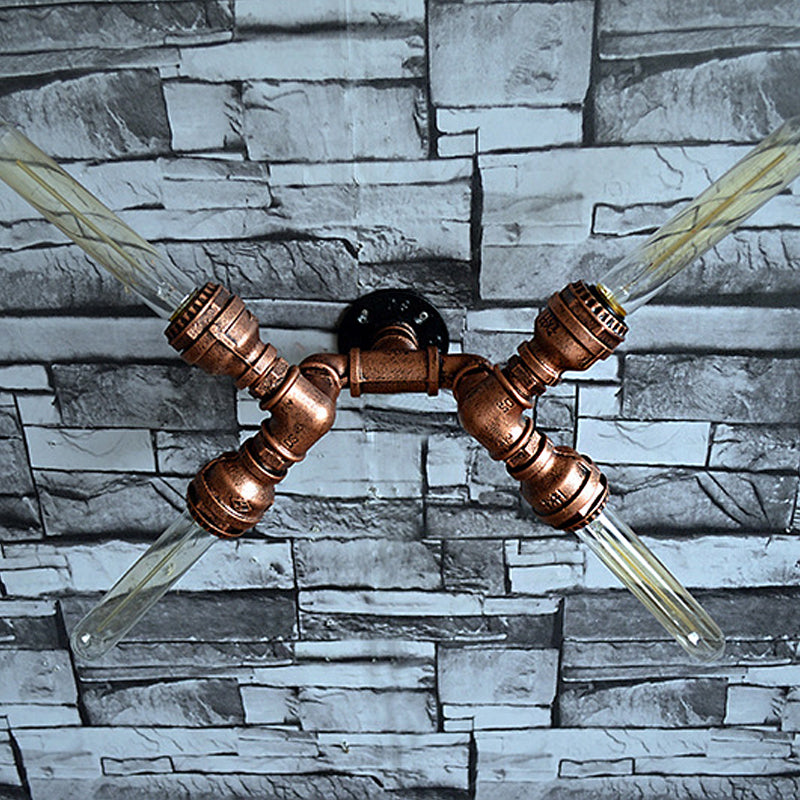 2/3/4 Heads Expose Bulb Wall Lighting with Pipe Design Rustic Weathered Copper Wrought Iron Wall Sconce Lamp Clearhalo 'Art deco wall lights' 'Cast Iron' 'Glass' 'Industrial wall lights' 'Industrial' 'Middle century wall lights' 'Modern' 'Rustic wall lights' 'Tiffany' 'Traditional wall lights' 'Wall Lamps & Sconces' 'Wall Lights' Lighting' 612826