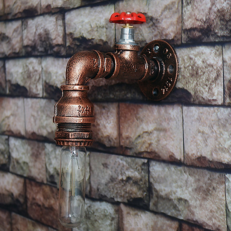 Copper Piped Wall Lamp with Gauge/Valve Decoration Rustic Style Metal 1 Light Living Room Wall Mount Light Clearhalo 'Art deco wall lights' 'Cast Iron' 'Glass' 'Industrial wall lights' 'Industrial' 'Middle century wall lights' 'Modern' 'Rustic wall lights' 'Tiffany' 'Traditional wall lights' 'Wall Lamps & Sconces' 'Wall Lights' Lighting' 612875