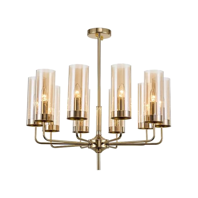 Post Modern Cylinder Chandelier Blue/Amber Glass 6/10 Lights Living Room Hanging Light in Gold Clearhalo 'Ceiling Lights' 'Chandeliers' 'Glass shade' 'Glass' 'Modern Chandeliers' 'Modern' Lighting' 612977