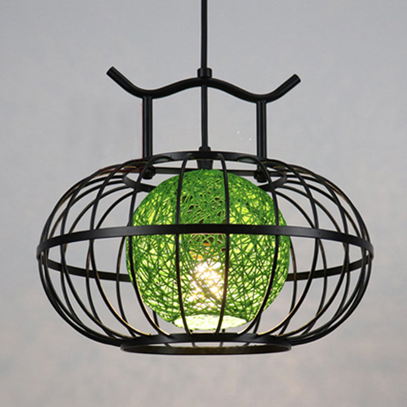 Metal Pumpkin Cage Hanging Pendant Light with Inner Rattan Ball Shade Asian Style 1 Light Suspension Lamp in Red/Yellow Clearhalo 'Ceiling Lights' 'Modern Pendants' 'Modern' 'Pendant Lights' 'Pendants' Lighting' 613096