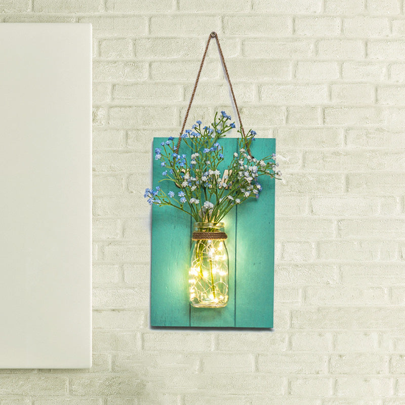 Clear Bottle Led Wall Sconce with Plant Decoration Rustic Wall Mount Light in Teal Clearhalo 'Wall Lamps & Sconces' 'Wall Lights' Lighting' 613408