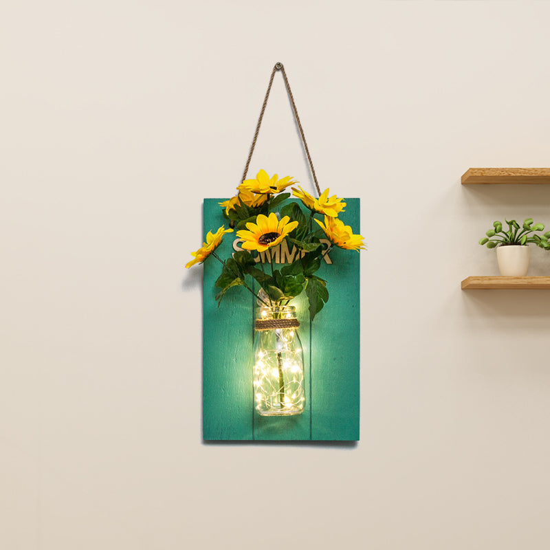 Clear Bottle Led Wall Sconce with Plant Decoration Rustic Wall Mount Light in Teal Clearhalo 'Wall Lamps & Sconces' 'Wall Lights' Lighting' 613414