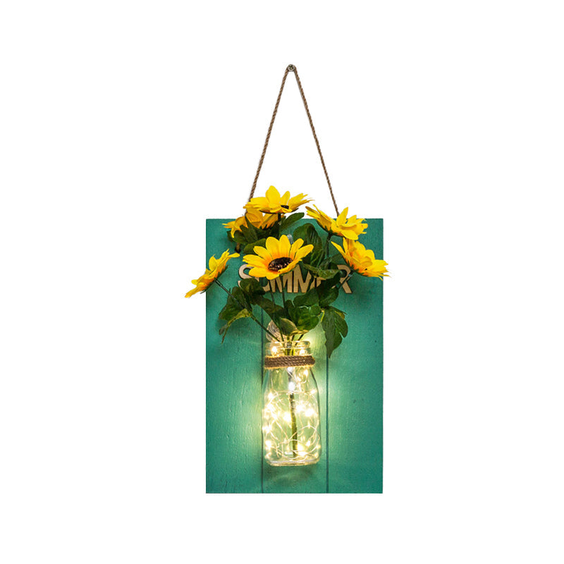Clear Bottle Led Wall Sconce with Plant Decoration Rustic Wall Mount Light in Teal Clearhalo 'Wall Lamps & Sconces' 'Wall Lights' Lighting' 613415