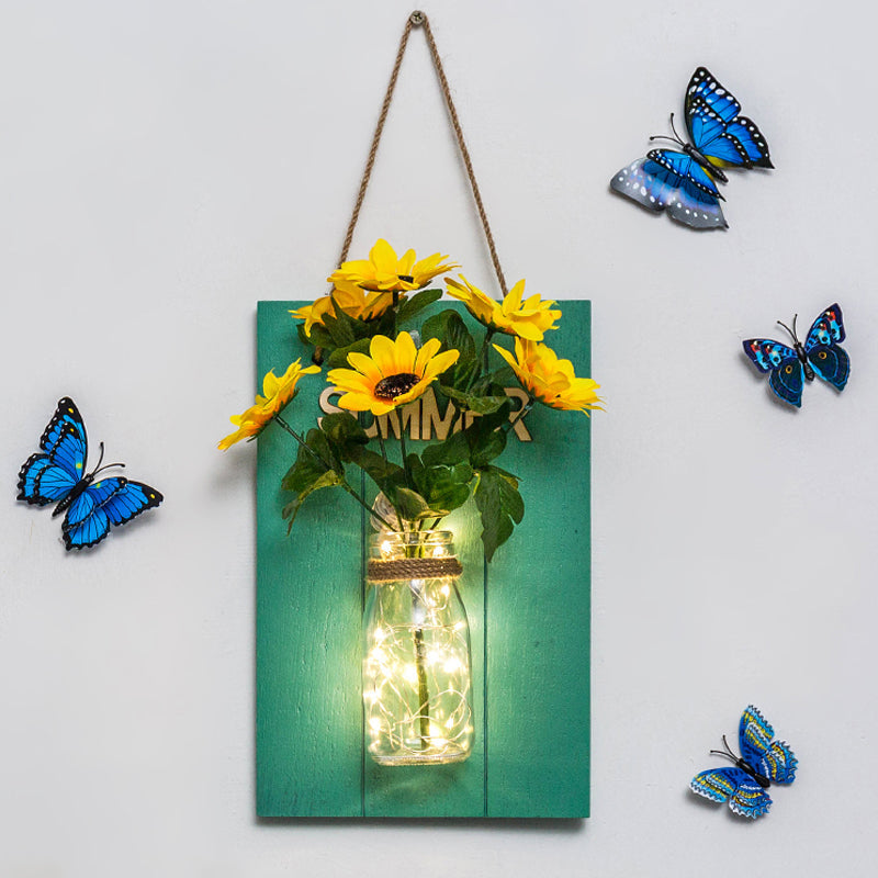 Floral String Light with Blue Wood Backplate Modern Glass Jar Wall Light for Cafe Restaurant Aqua Sunflower Clearhalo 'Wall Lamps & Sconces' 'Wall Lights' Lighting' 613557