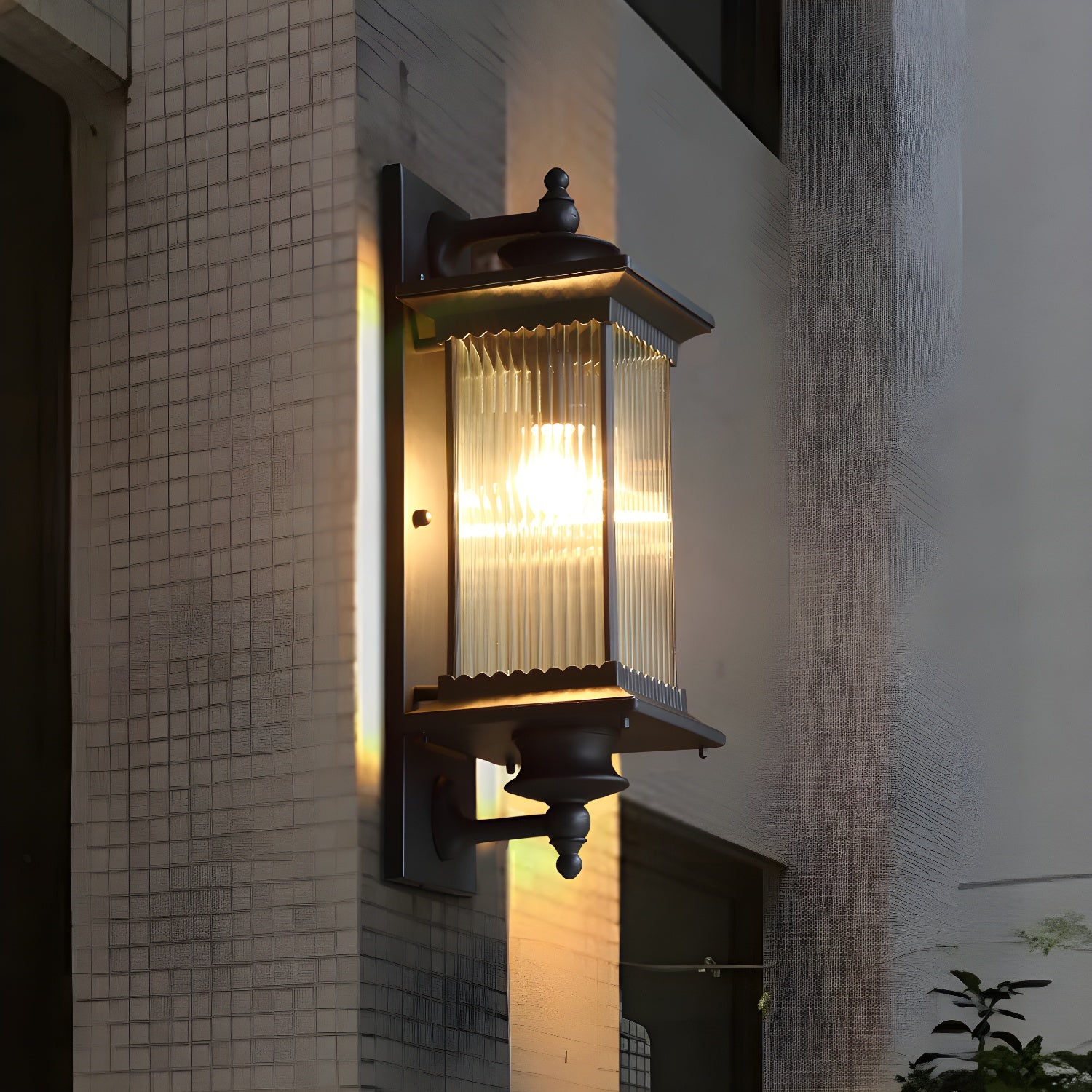 Cuboid Outdoor Sconce Light Country Clear Ribbed Glass 1-Head Black/Bronze/Coffee Wall Lamp for Gate Coffee Clearhalo 'Wall Lamps & Sconces' 'Wall Lights' Lighting' 615545