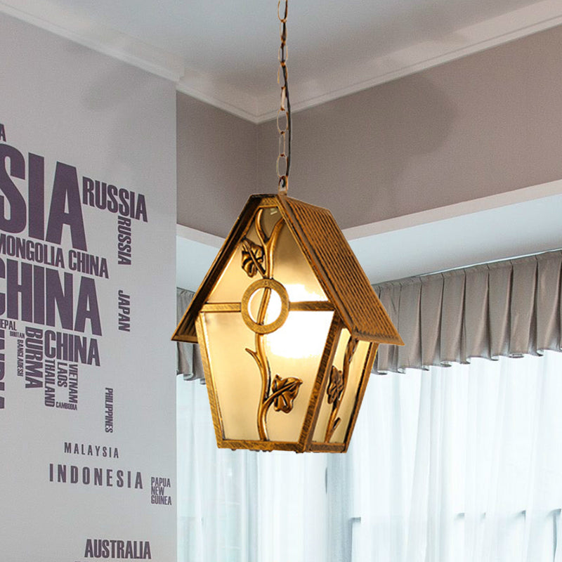Aluminum Brass Hanging Light Kit House Shape 1-Bulb Country Ceiling Suspension Lamp with Clear/Frosted/Ribbed Glass Shade Clearhalo 'Ceiling Lights' 'Close To Ceiling Lights' 'Glass shade' 'Glass' 'Pendant Lights' 'Pendants' Lighting' 615644