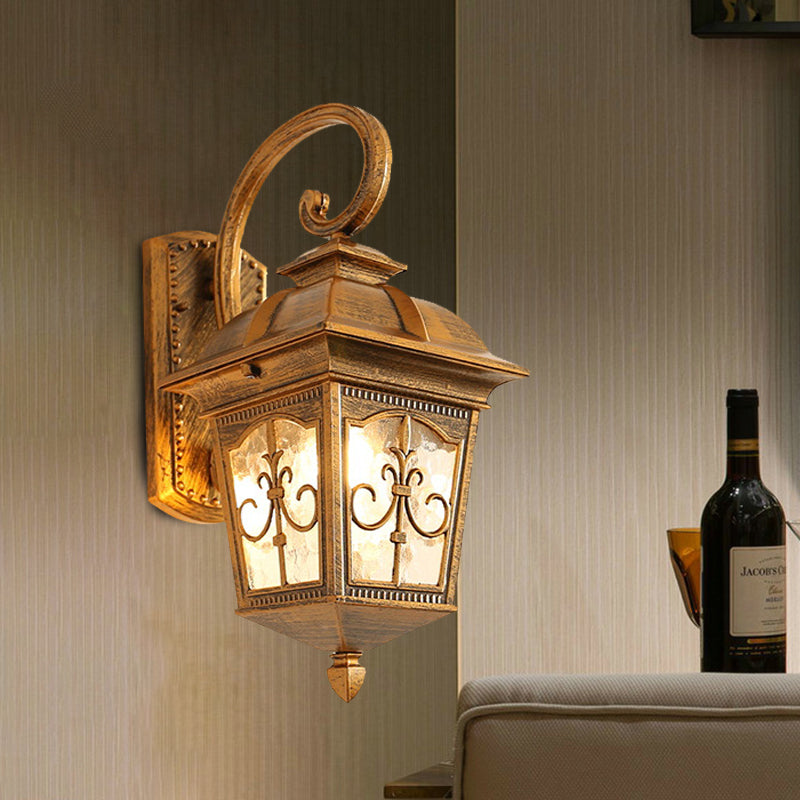 1 Head Wall Light Sconce Lodges Lantern Aluminum Wall Lamp Fixture in Black/Brass with Water Glass Shade Brass Clearhalo 'Wall Lamps & Sconces' 'Wall Lights' Lighting' 615836