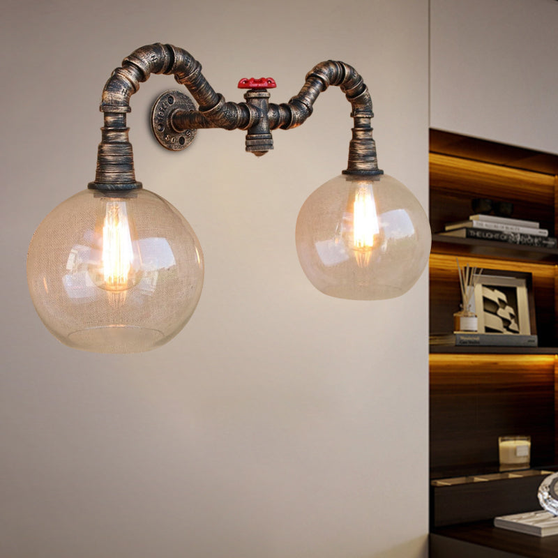 Glass Clear Wall Mounted Light Global Shade 2/3 Lights Vintage Style Wall Sconce Lighting with Pipe for Living Room Clearhalo 'Cast Iron' 'Glass' 'Industrial wall lights' 'Industrial' 'Middle century wall lights' 'Modern' 'Tiffany' 'Traditional wall lights' 'Wall Lamps & Sconces' 'Wall Lights' Lighting' 616178