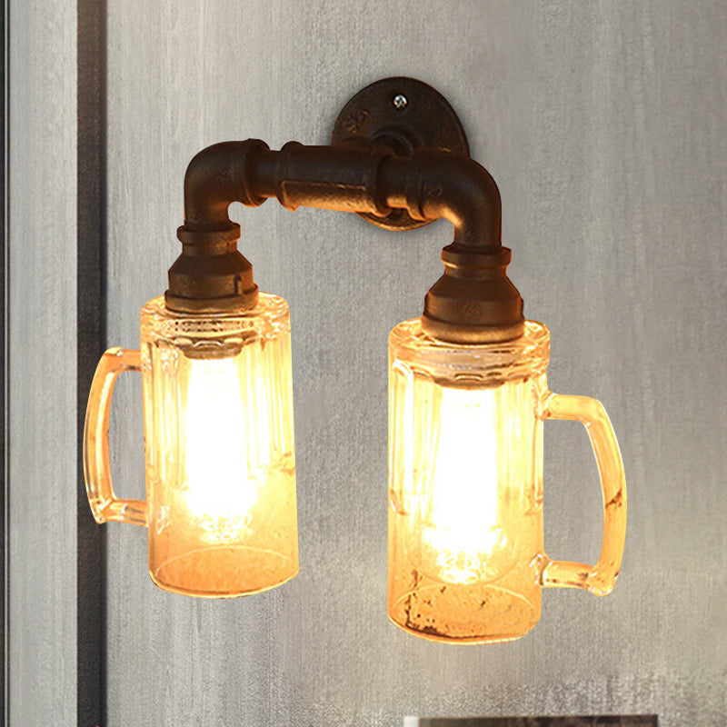 Glass Beer Mug Wall Lighting Antique Stylish 1 Light Hallway Wall Mount Light with Water Pipe in Bronze/Black Black Clearhalo 'Cast Iron' 'Glass' 'Industrial wall lights' 'Industrial' 'Middle century wall lights' 'Modern' 'Tiffany' 'Traditional wall lights' 'Wall Lamps & Sconces' 'Wall Lights' Lighting' 616181