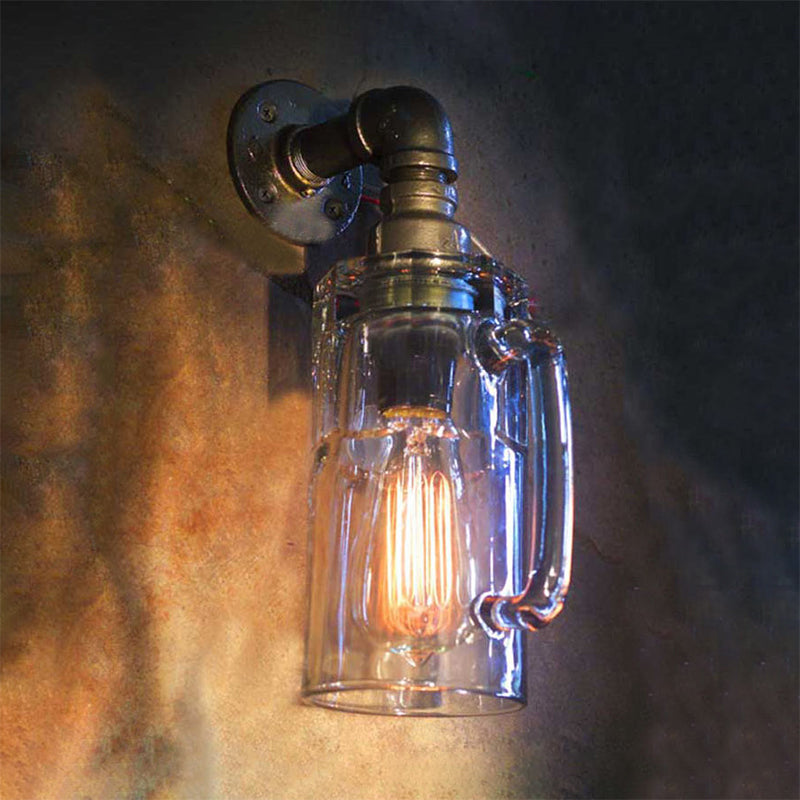 Glass Beer Mug Wall Lighting Antique Stylish 1 Light Hallway Wall Mount Light with Water Pipe in Bronze/Black Bronze Clearhalo 'Cast Iron' 'Glass' 'Industrial wall lights' 'Industrial' 'Middle century wall lights' 'Modern' 'Tiffany' 'Traditional wall lights' 'Wall Lamps & Sconces' 'Wall Lights' Lighting' 616186
