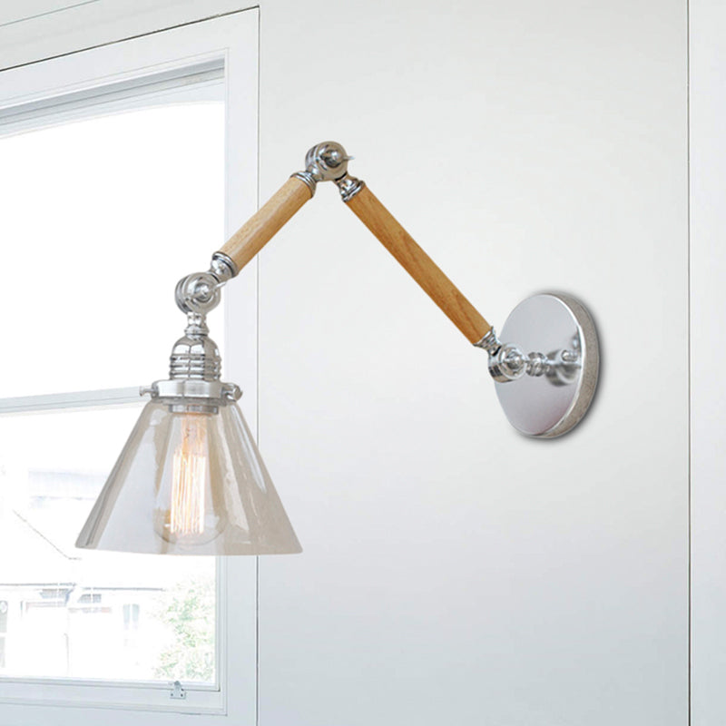 Cone Bedside Sconce Light Fixture Vintage Style Clear Glass 1 Light Chrome Wall Lamp, 8"+8"/6"+6"/8"+4" Wooden Arm Clearhalo 'Art deco wall lights' 'Cast Iron' 'Glass' 'Industrial wall lights' 'Industrial' 'Middle century wall lights' 'Modern' 'Rustic wall lights' 'Tiffany' 'Traditional wall lights' 'Wall Lamps & Sconces' 'Wall Lights' Lighting' 616199