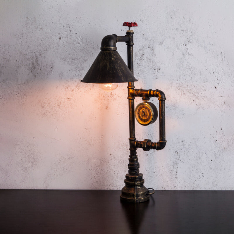 1 Bulb Conical Table Lighting with Clock Deco Steampunk Brass Finish Wrought Iron Standing Table Light Clearhalo 'Lamps' 'Table Lamps' Lighting' 616259